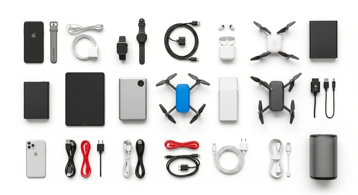 Tech gadgets and accessories arranged in grid pattern, overhead view on white background