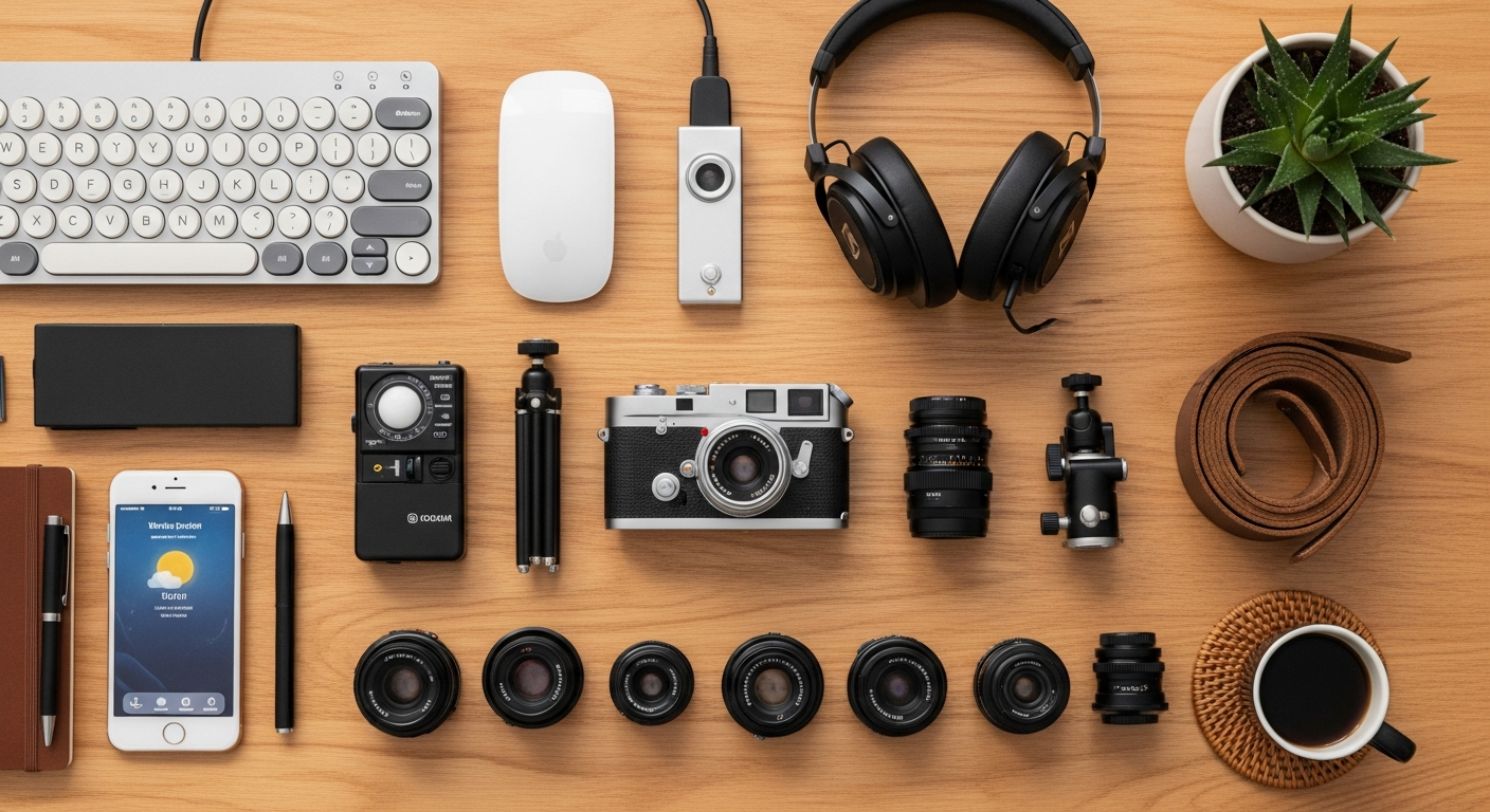 Aesthetic flat lay of tech gadgets on a wooden desk with camera equipment and keyboard