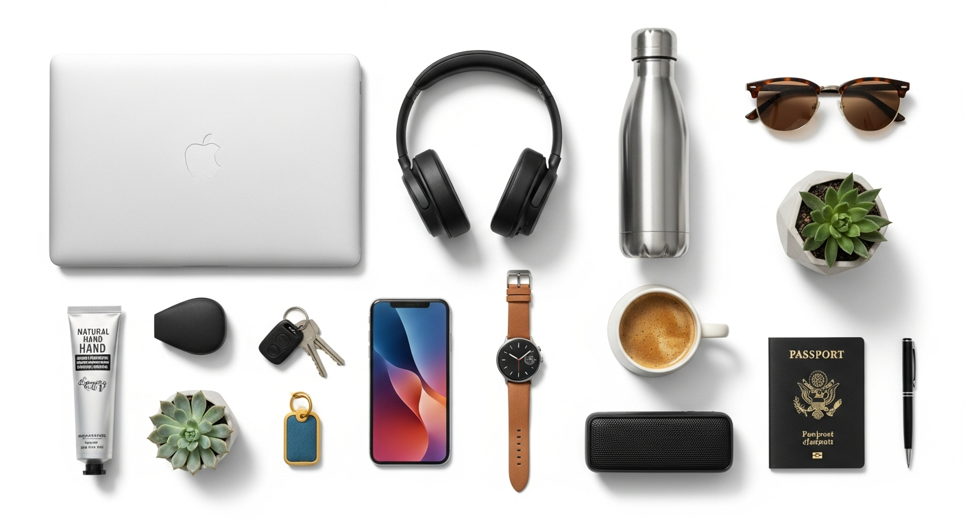 Collection of lifestyle products and gadgets arranged neatly on white background, overhead shot