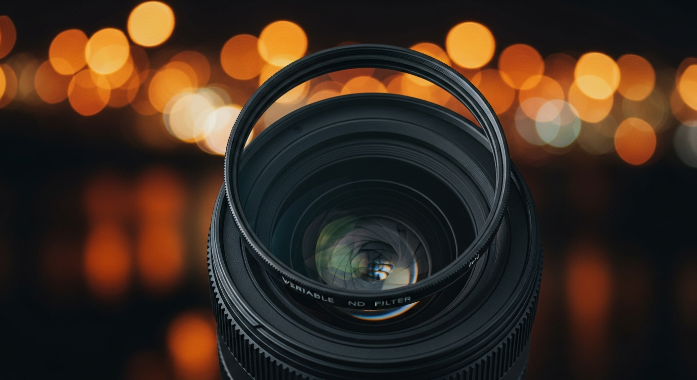 Variable ND filter on a camera lens with beautiful bokeh background, product photography