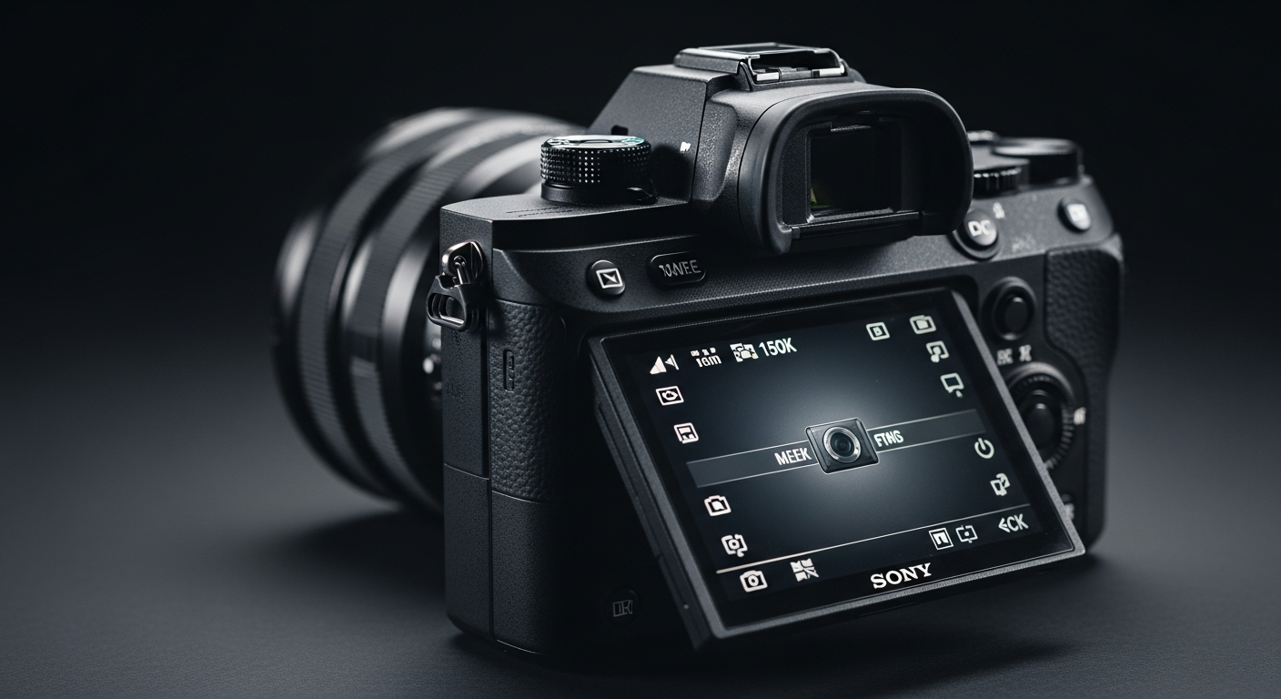 Sony Alpha camera body with LCD screen illuminated, dark background professional product shot