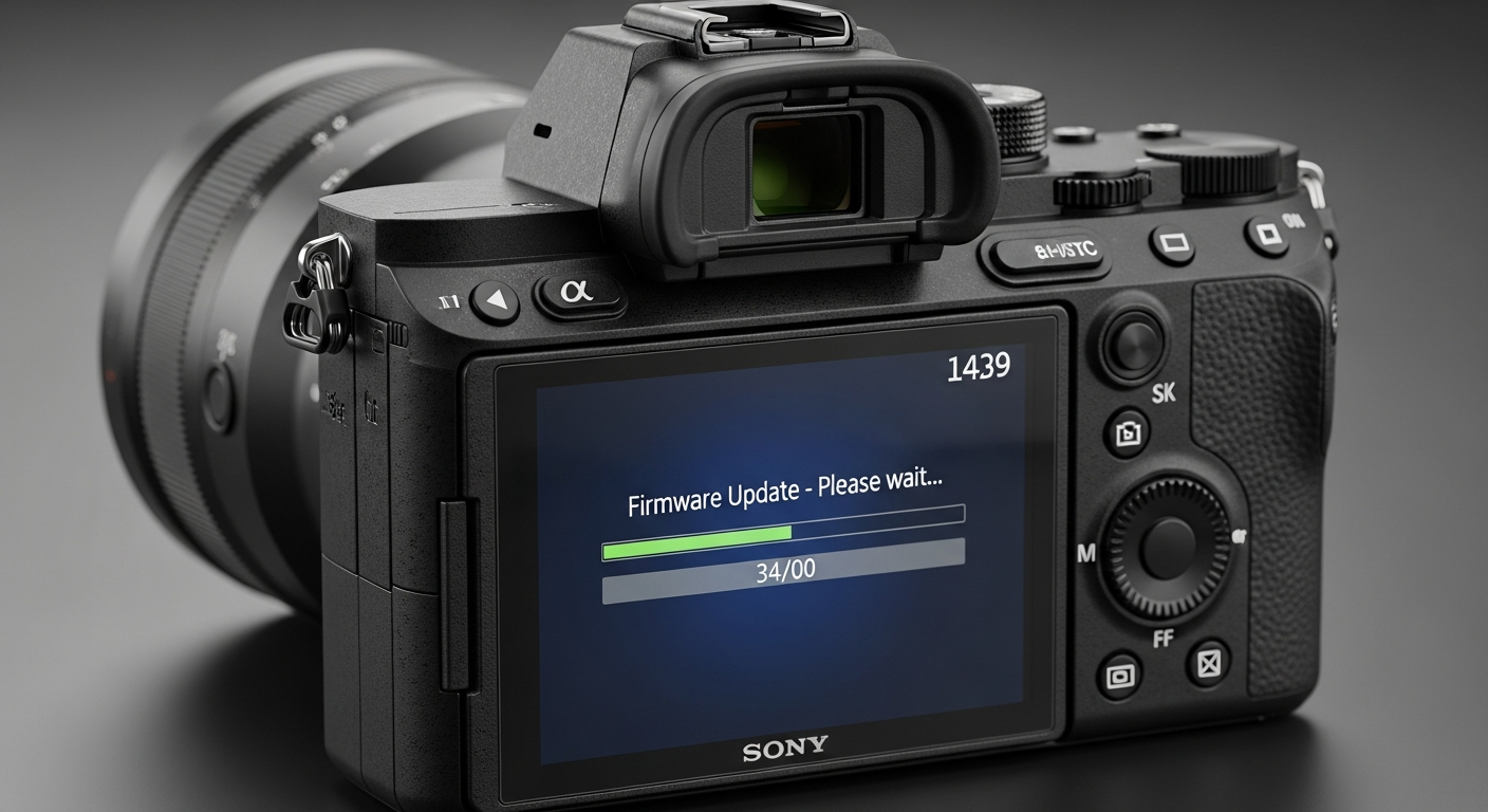 Sony mirrorless camera showing firmware update screen, close-up product photography