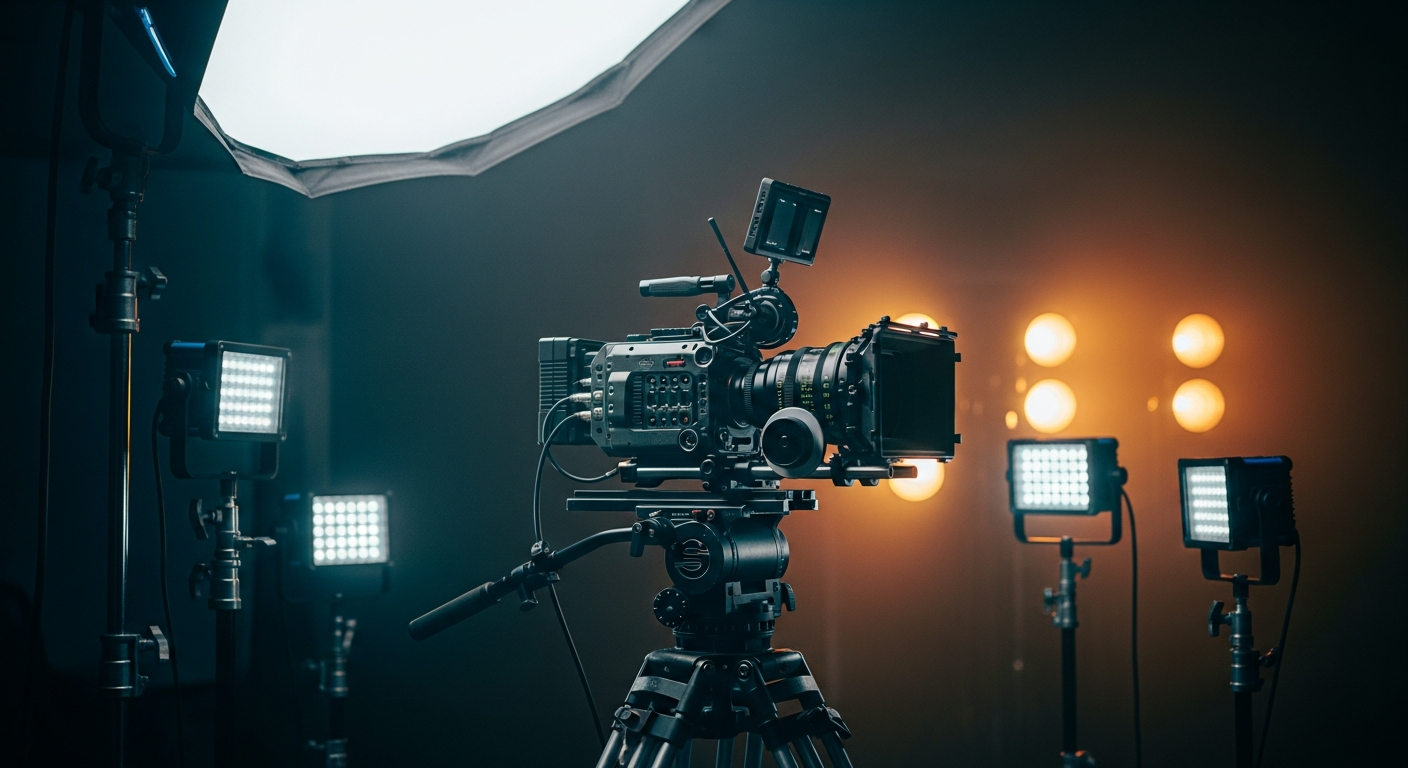 Sony cinema camera on a film set with professional lighting equipment
