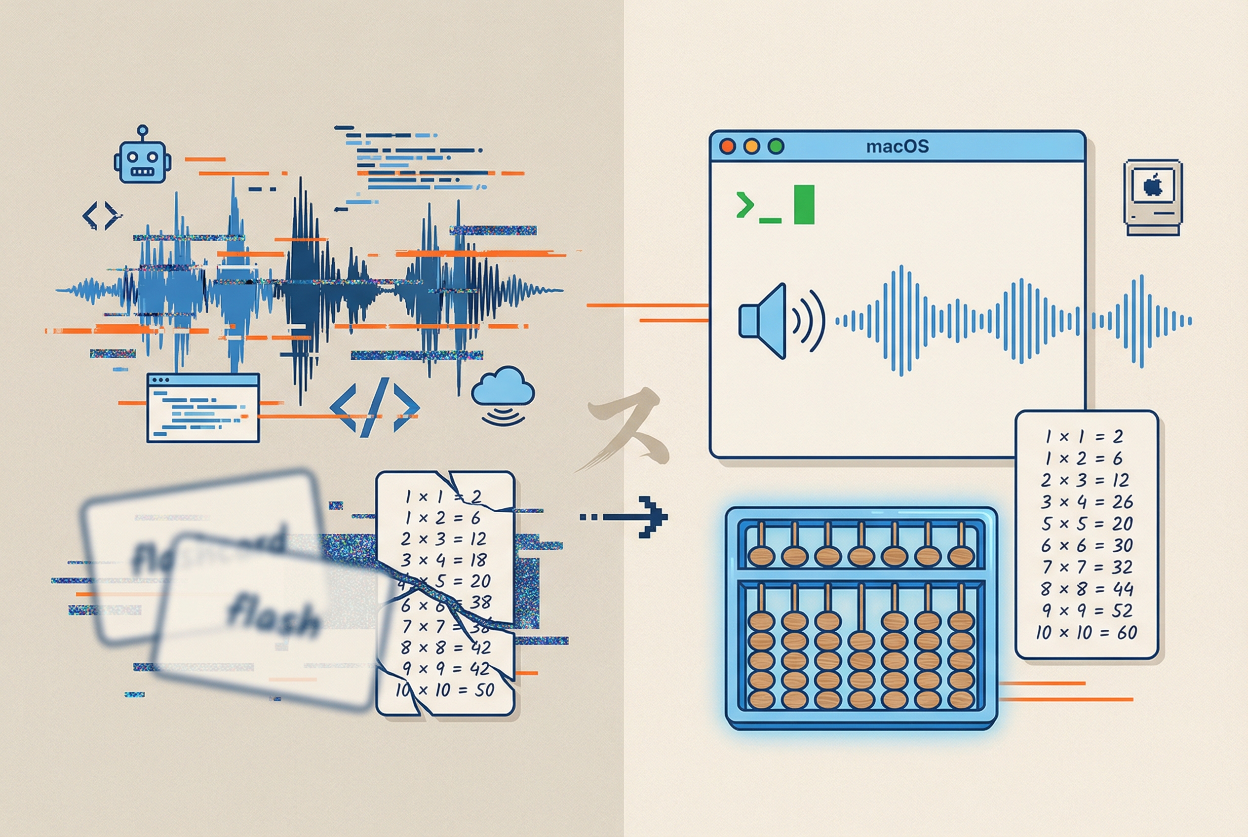 AI音声合成とAppleのsayコマンドを対比したイメージ
