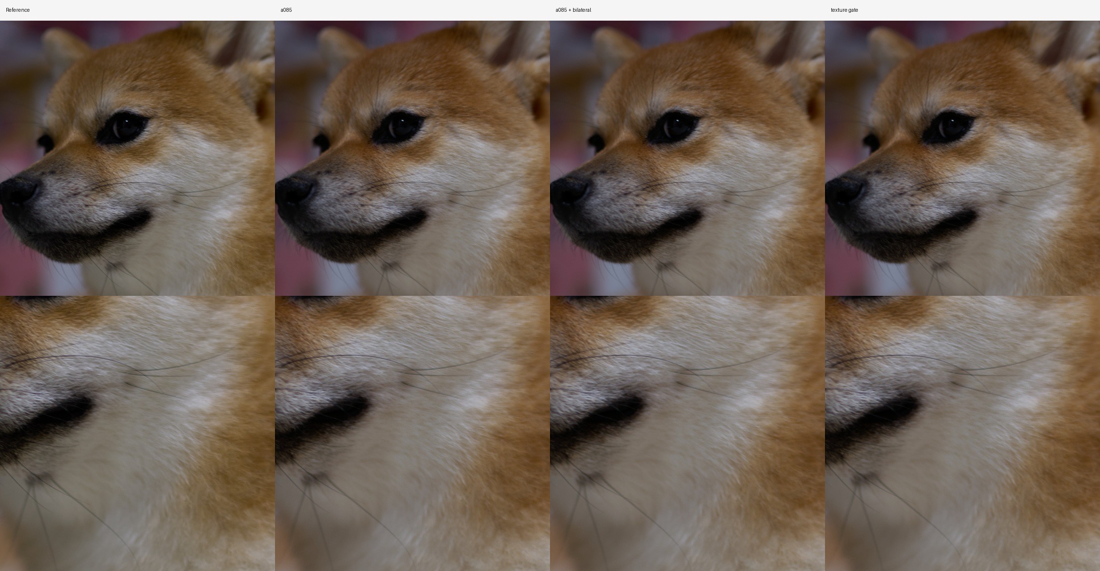 人物が写らない犬のカットで、参照出力、a085、追加平滑化、texture gate のノイズ処理結果を並べて比較した図
